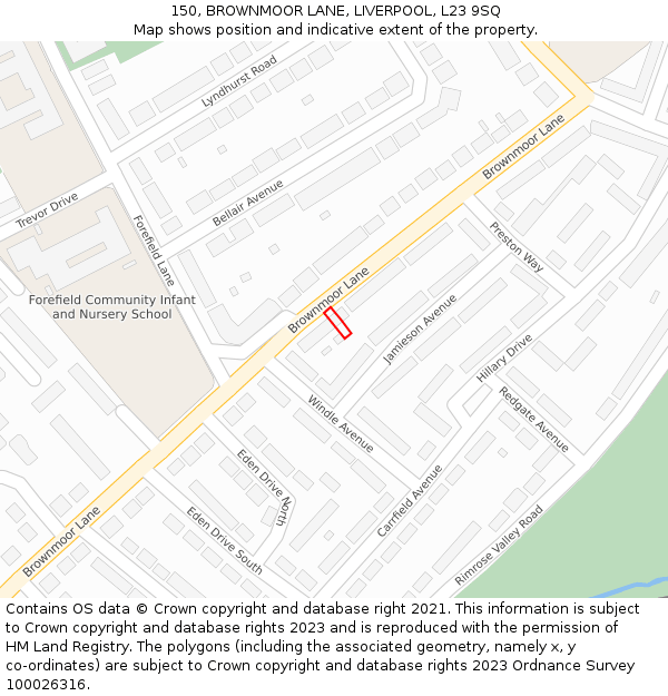 150, BROWNMOOR LANE, LIVERPOOL, L23 9SQ: Location map and indicative extent of plot