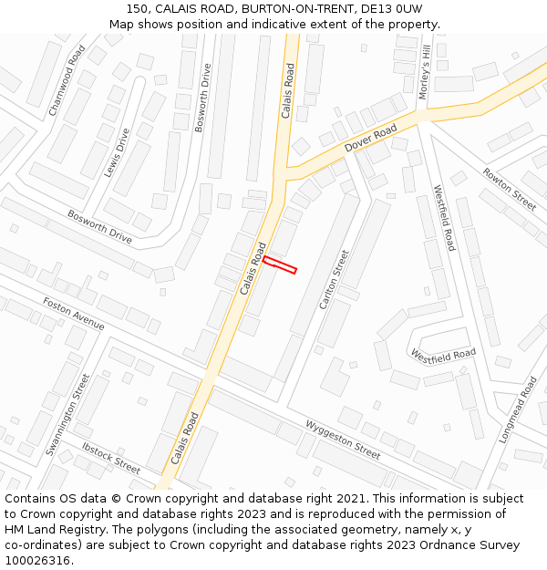150, CALAIS ROAD, BURTON-ON-TRENT, DE13 0UW: Location map and indicative extent of plot