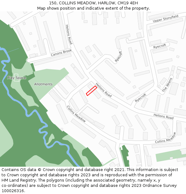 150, COLLINS MEADOW, HARLOW, CM19 4EH: Location map and indicative extent of plot
