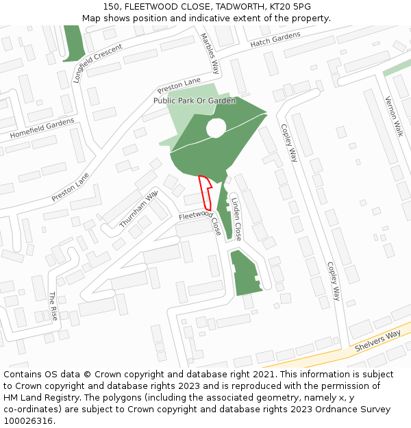 150, FLEETWOOD CLOSE, TADWORTH, KT20 5PG: Location map and indicative extent of plot