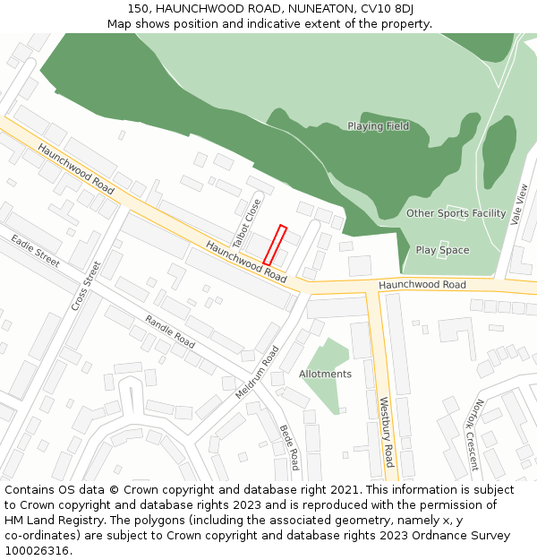 150, HAUNCHWOOD ROAD, NUNEATON, CV10 8DJ: Location map and indicative extent of plot