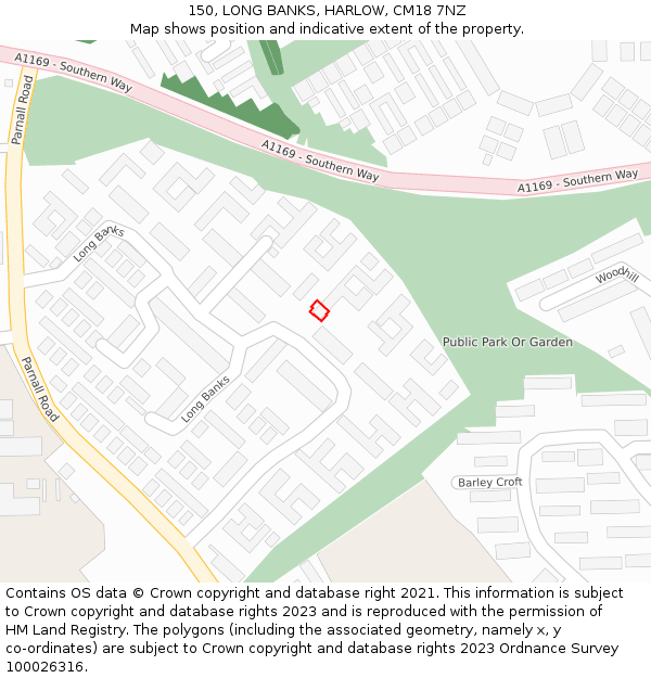 150, LONG BANKS, HARLOW, CM18 7NZ: Location map and indicative extent of plot