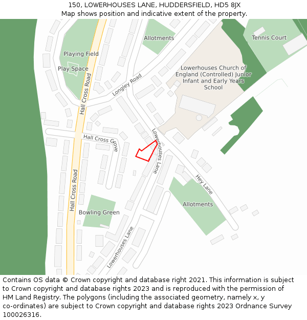 150, LOWERHOUSES LANE, HUDDERSFIELD, HD5 8JX: Location map and indicative extent of plot