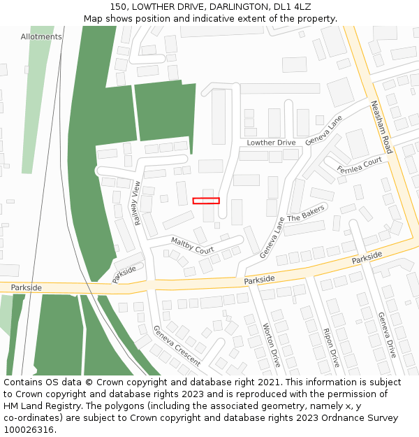 150, LOWTHER DRIVE, DARLINGTON, DL1 4LZ: Location map and indicative extent of plot