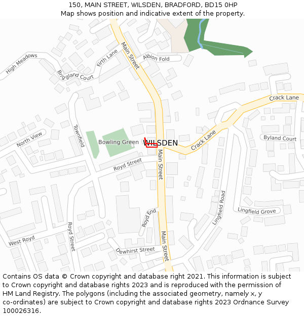 150, MAIN STREET, WILSDEN, BRADFORD, BD15 0HP: Location map and indicative extent of plot
