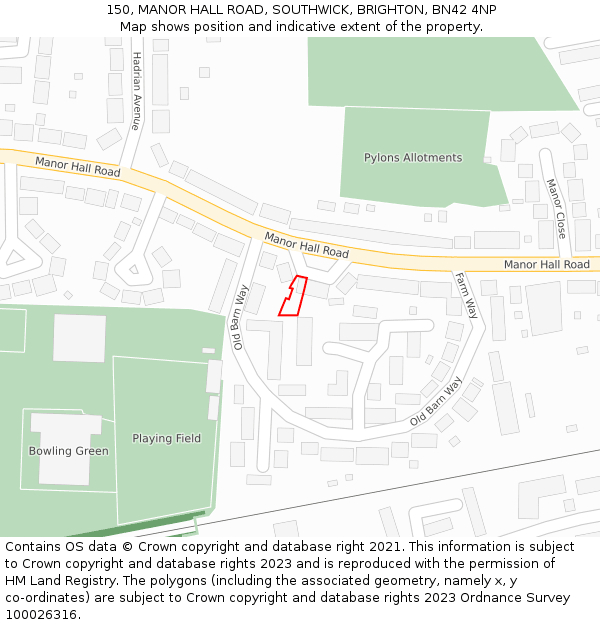 150, MANOR HALL ROAD, SOUTHWICK, BRIGHTON, BN42 4NP: Location map and indicative extent of plot