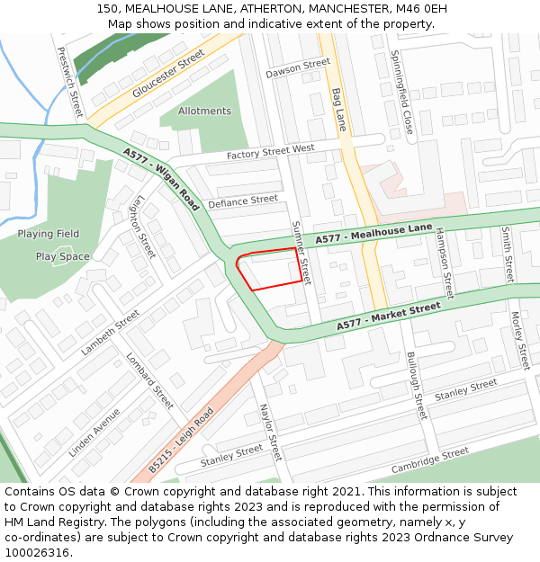 150, MEALHOUSE LANE, ATHERTON, MANCHESTER, M46 0EH: Location map and indicative extent of plot