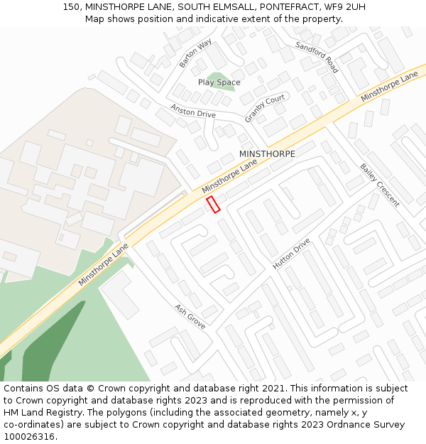 150, MINSTHORPE LANE, SOUTH ELMSALL, PONTEFRACT, WF9 2UH: Location map and indicative extent of plot