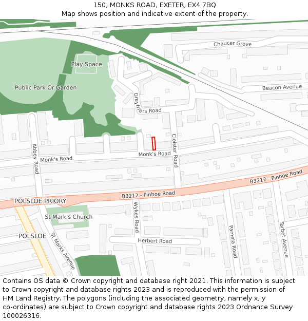 150, MONKS ROAD, EXETER, EX4 7BQ: Location map and indicative extent of plot