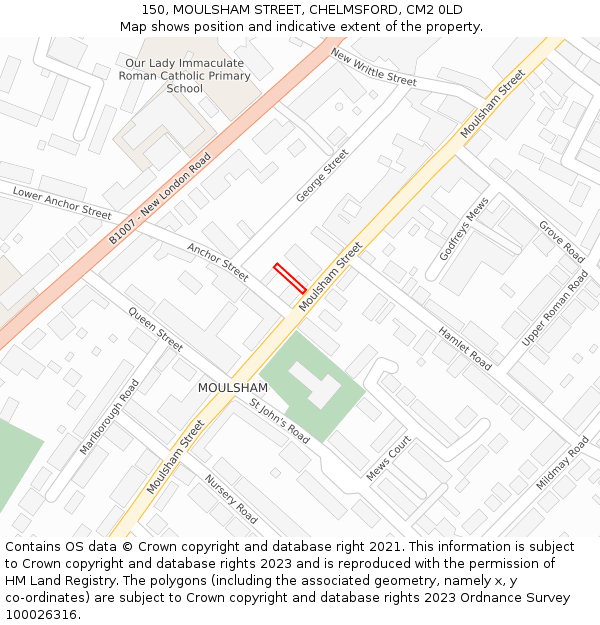 150, MOULSHAM STREET, CHELMSFORD, CM2 0LD: Location map and indicative extent of plot