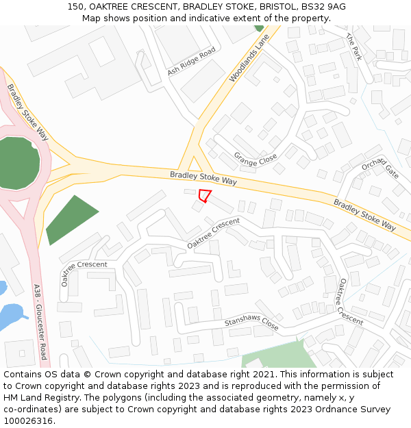150, OAKTREE CRESCENT, BRADLEY STOKE, BRISTOL, BS32 9AG: Location map and indicative extent of plot
