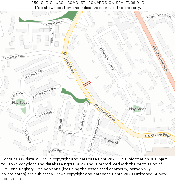 150, OLD CHURCH ROAD, ST LEONARDS-ON-SEA, TN38 9HD: Location map and indicative extent of plot