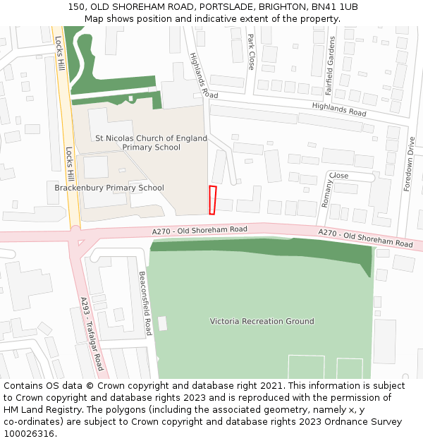 150, OLD SHOREHAM ROAD, PORTSLADE, BRIGHTON, BN41 1UB: Location map and indicative extent of plot