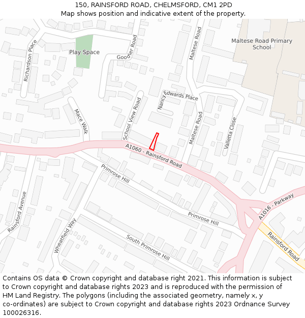 150, RAINSFORD ROAD, CHELMSFORD, CM1 2PD: Location map and indicative extent of plot