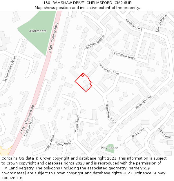 150, RAMSHAW DRIVE, CHELMSFORD, CM2 6UB: Location map and indicative extent of plot