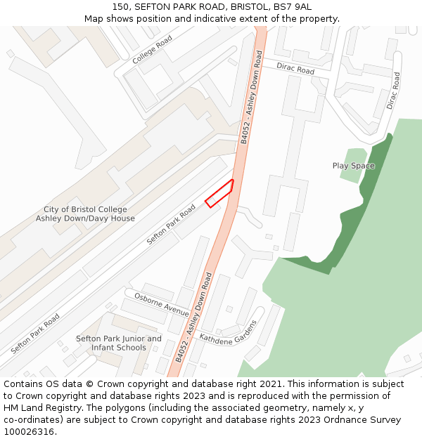 150, SEFTON PARK ROAD, BRISTOL, BS7 9AL: Location map and indicative extent of plot