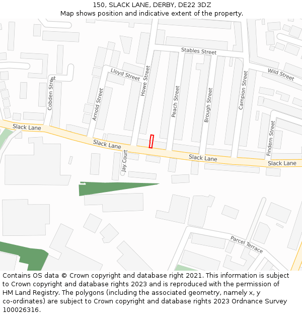 150, SLACK LANE, DERBY, DE22 3DZ: Location map and indicative extent of plot