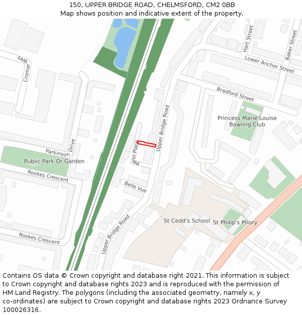 150, UPPER BRIDGE ROAD, CHELMSFORD, CM2 0BB: Location map and indicative extent of plot