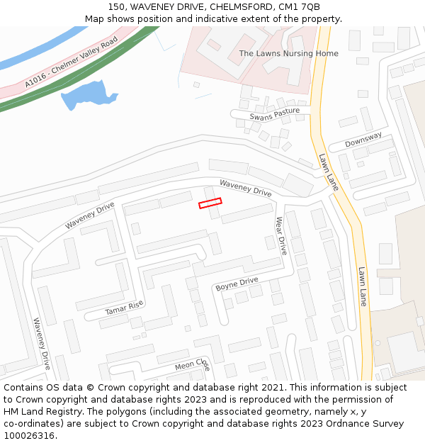 150, WAVENEY DRIVE, CHELMSFORD, CM1 7QB: Location map and indicative extent of plot