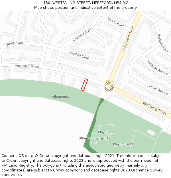 150, WESTFALING STREET, HEREFORD, HR4 0JG: Location map and indicative extent of plot