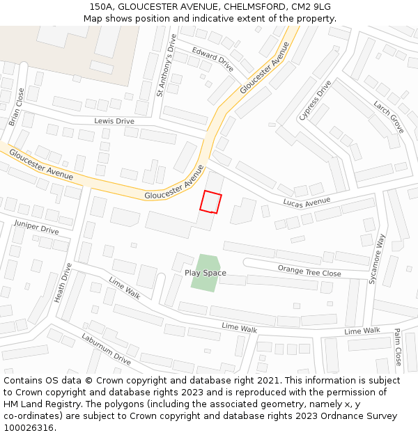 150A, GLOUCESTER AVENUE, CHELMSFORD, CM2 9LG: Location map and indicative extent of plot