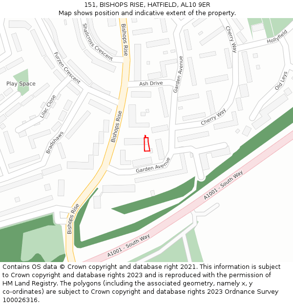 151, BISHOPS RISE, HATFIELD, AL10 9ER: Location map and indicative extent of plot