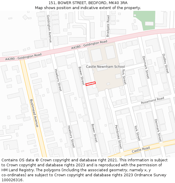 151, BOWER STREET, BEDFORD, MK40 3RA: Location map and indicative extent of plot
