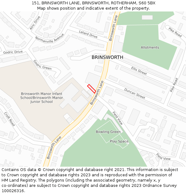 151, BRINSWORTH LANE, BRINSWORTH, ROTHERHAM, S60 5BX: Location map and indicative extent of plot