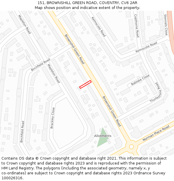 151, BROWNSHILL GREEN ROAD, COVENTRY, CV6 2AR: Location map and indicative extent of plot