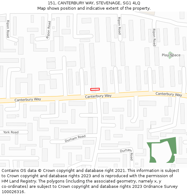 151, CANTERBURY WAY, STEVENAGE, SG1 4LQ: Location map and indicative extent of plot