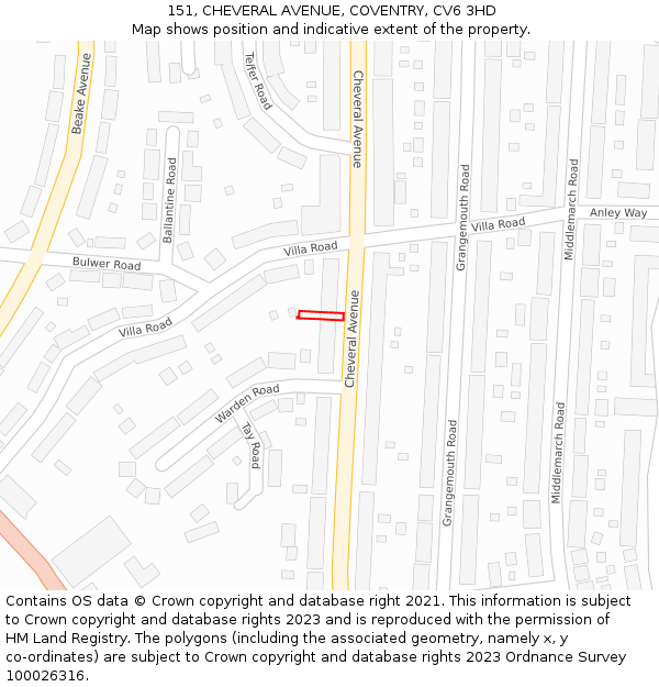 151, CHEVERAL AVENUE, COVENTRY, CV6 3HD: Location map and indicative extent of plot