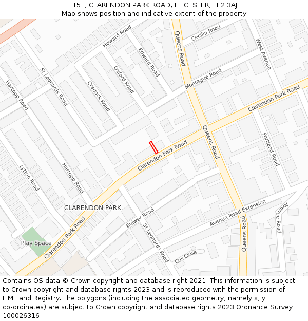 151, CLARENDON PARK ROAD, LEICESTER, LE2 3AJ: Location map and indicative extent of plot