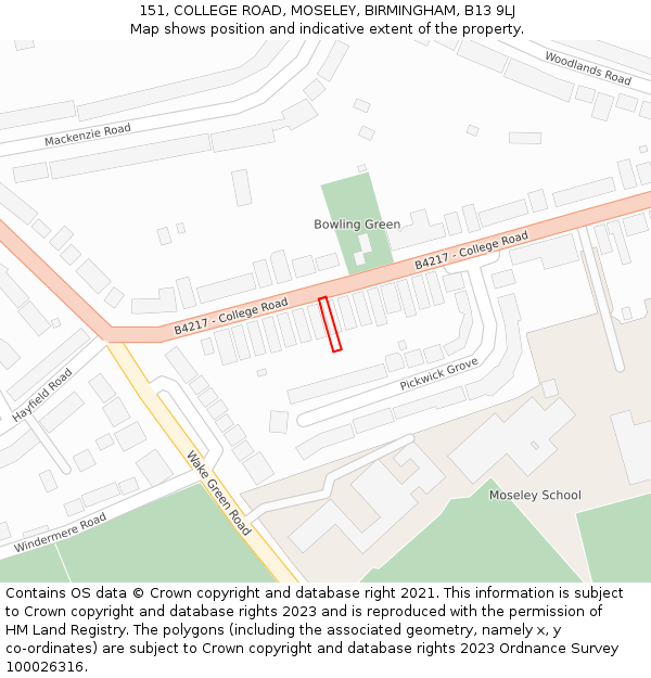 151, COLLEGE ROAD, MOSELEY, BIRMINGHAM, B13 9LJ: Location map and indicative extent of plot