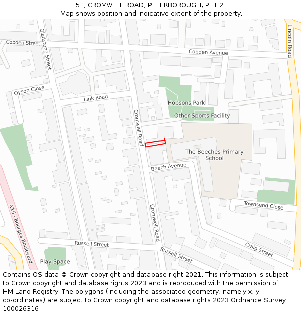 151, CROMWELL ROAD, PETERBOROUGH, PE1 2EL: Location map and indicative extent of plot