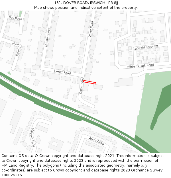 151, DOVER ROAD, IPSWICH, IP3 8JJ: Location map and indicative extent of plot