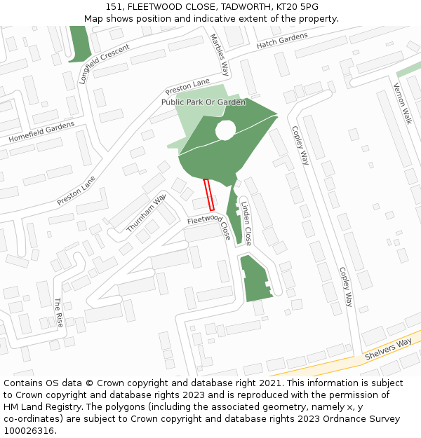 151, FLEETWOOD CLOSE, TADWORTH, KT20 5PG: Location map and indicative extent of plot