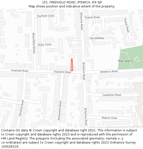 151, FREEHOLD ROAD, IPSWICH, IP4 5JP: Location map and indicative extent of plot