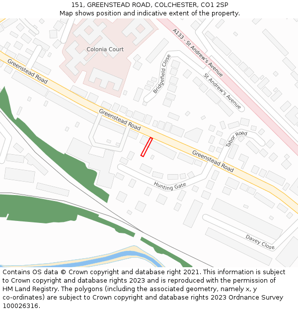 151, GREENSTEAD ROAD, COLCHESTER, CO1 2SP: Location map and indicative extent of plot