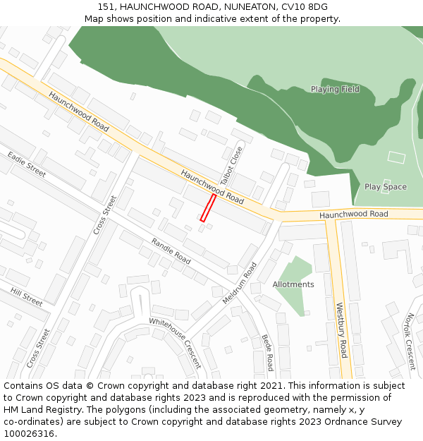 151, HAUNCHWOOD ROAD, NUNEATON, CV10 8DG: Location map and indicative extent of plot