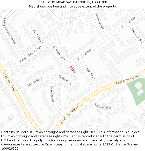 151, LONG MEADOW, AYLESBURY, HP21 7EB: Location map and indicative extent of plot