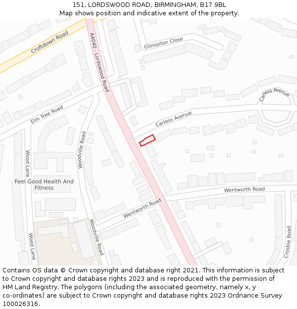 151, LORDSWOOD ROAD, BIRMINGHAM, B17 9BL: Location map and indicative extent of plot