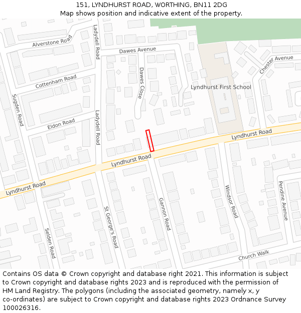 151, LYNDHURST ROAD, WORTHING, BN11 2DG: Location map and indicative extent of plot