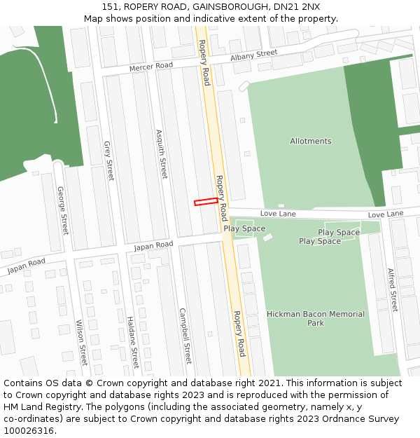 151, ROPERY ROAD, GAINSBOROUGH, DN21 2NX: Location map and indicative extent of plot