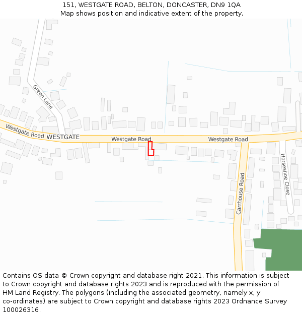 151, WESTGATE ROAD, BELTON, DONCASTER, DN9 1QA: Location map and indicative extent of plot