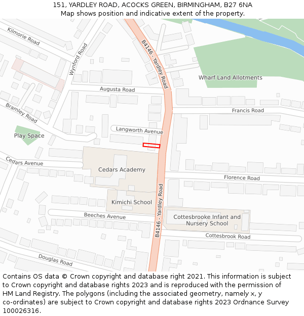 151, YARDLEY ROAD, ACOCKS GREEN, BIRMINGHAM, B27 6NA: Location map and indicative extent of plot