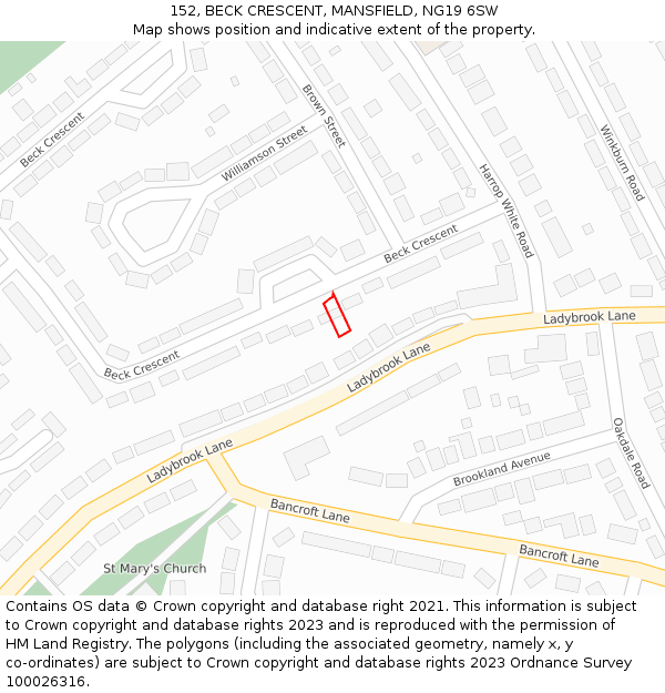 152, BECK CRESCENT, MANSFIELD, NG19 6SW: Location map and indicative extent of plot