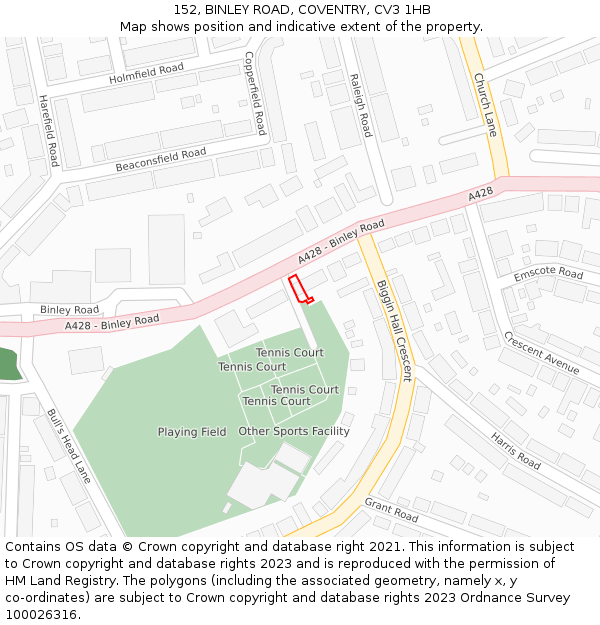152, BINLEY ROAD, COVENTRY, CV3 1HB: Location map and indicative extent of plot