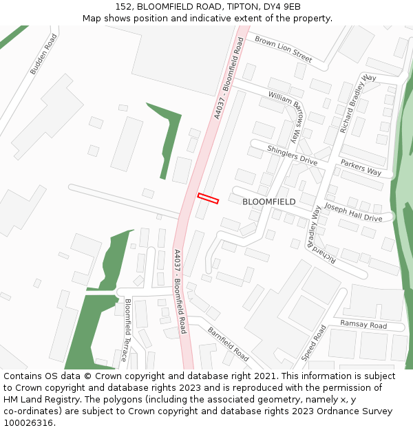152, BLOOMFIELD ROAD, TIPTON, DY4 9EB: Location map and indicative extent of plot