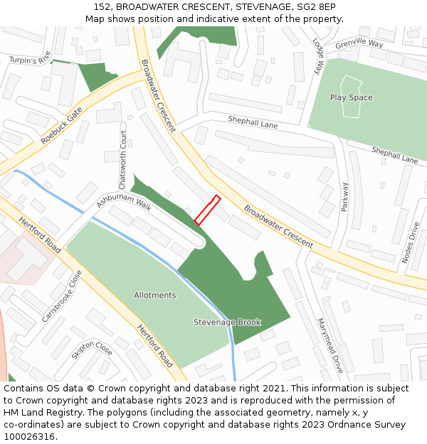 152, BROADWATER CRESCENT, STEVENAGE, SG2 8EP: Location map and indicative extent of plot
