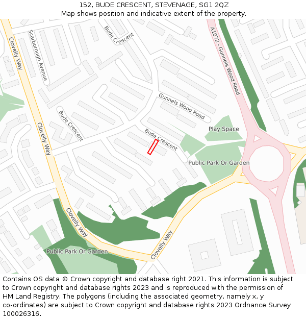 152, BUDE CRESCENT, STEVENAGE, SG1 2QZ: Location map and indicative extent of plot